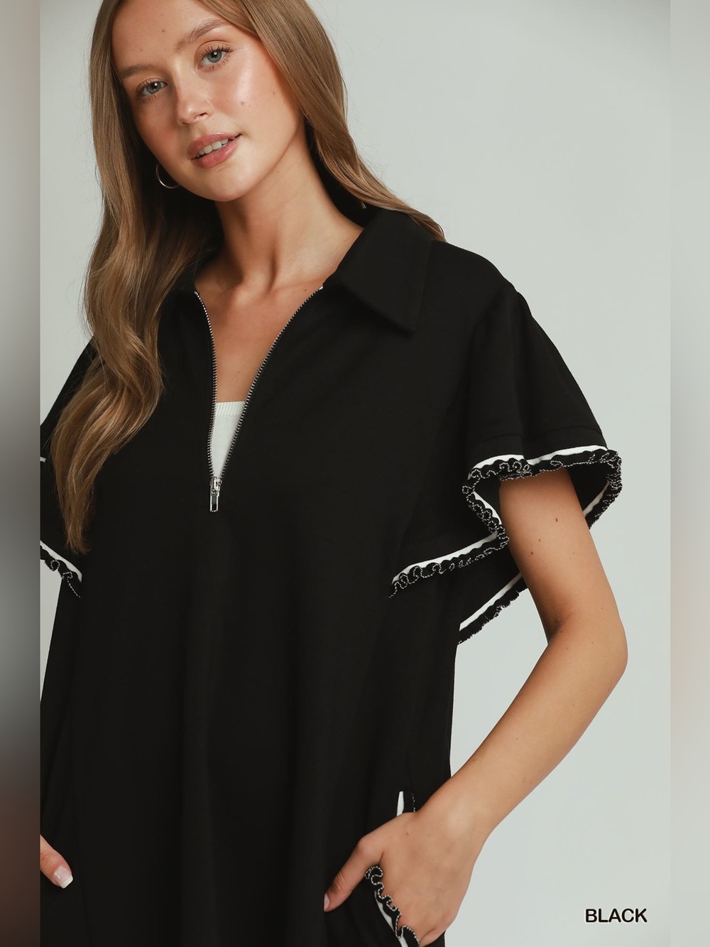 Umgee Half Zip Ruffle Rib Band Butterfy Sleeve Mini Dress with Pockets - Picture 5 of 6